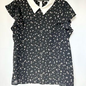 Monteau Black Floral Blouse with White Collar